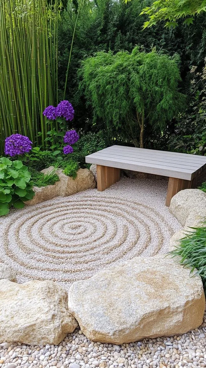 zen meditation circle made from gravel, stones, and bamboo accents 1
