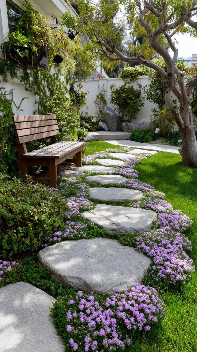 zigzag stepping stones surrounded by creeping thyme 1