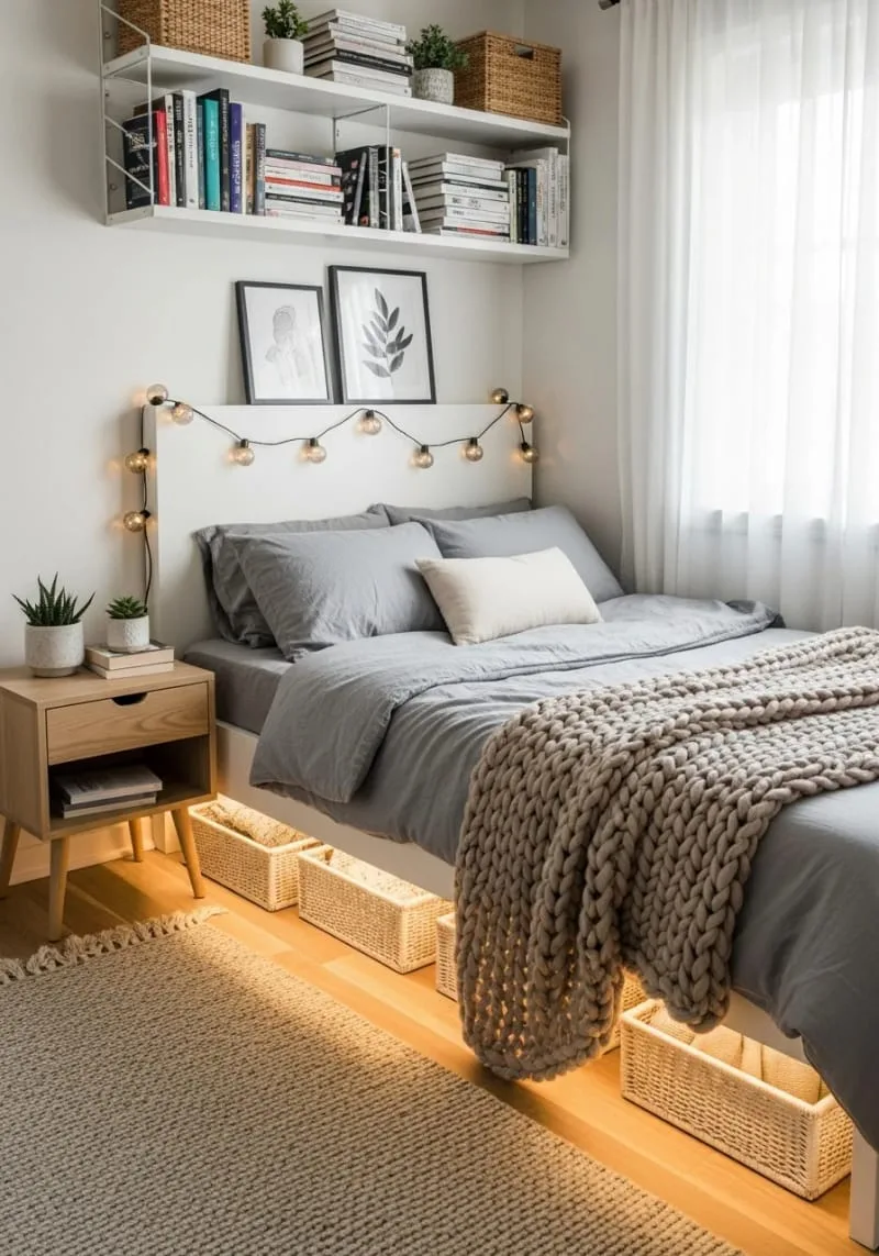 a cozy small bedroom with led strip lights under the bed frame creating a floating effect 1