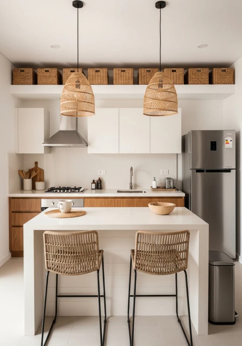 a row of woven baskets neatly lined up for texture and hidden storage 1