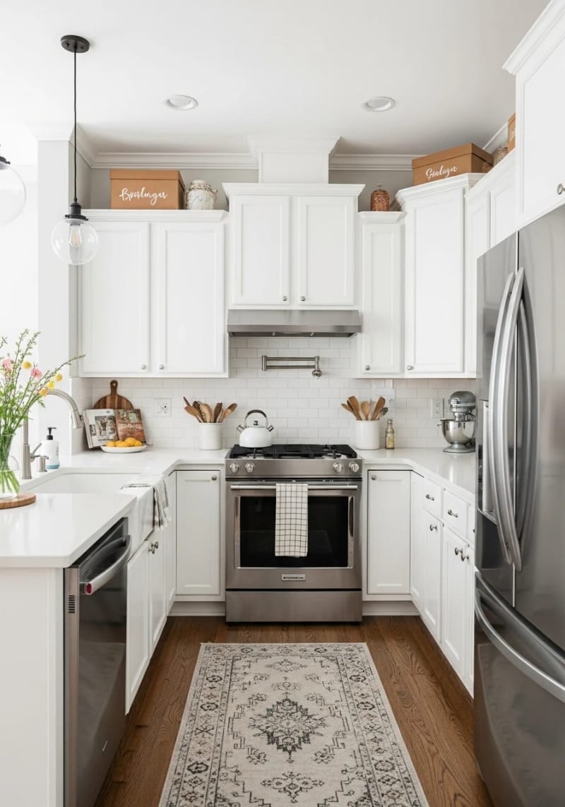 a seasonal décor box with items ready to swap out above cabinets 1