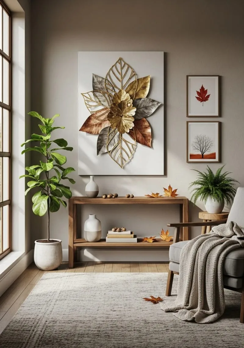 abstract leaf wall art with metallic accents 1