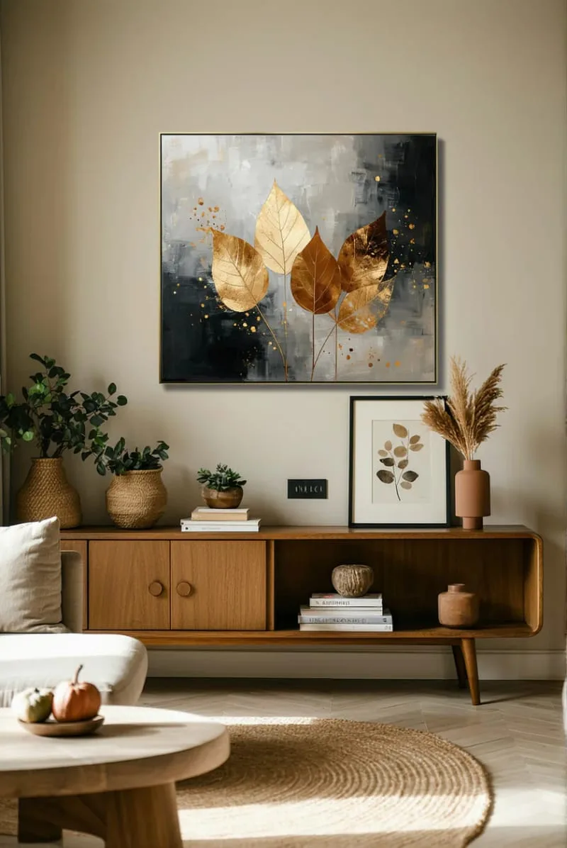 abstract leaf wall art with metallic accents 1