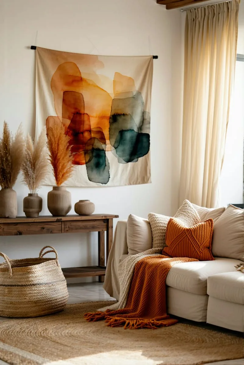 abstract watercolor tapestry in ochre, rust, and olive hues 1