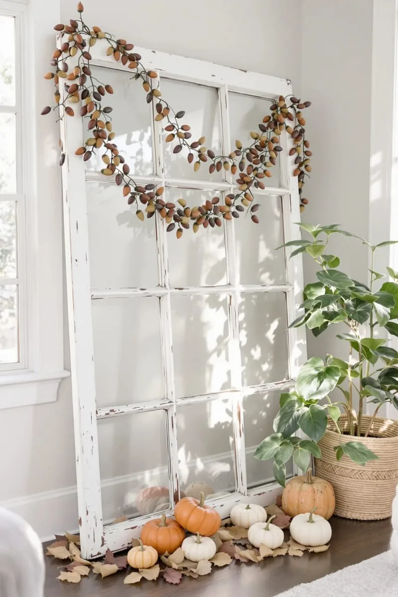 acorn garlands strung across vintage window frames 1