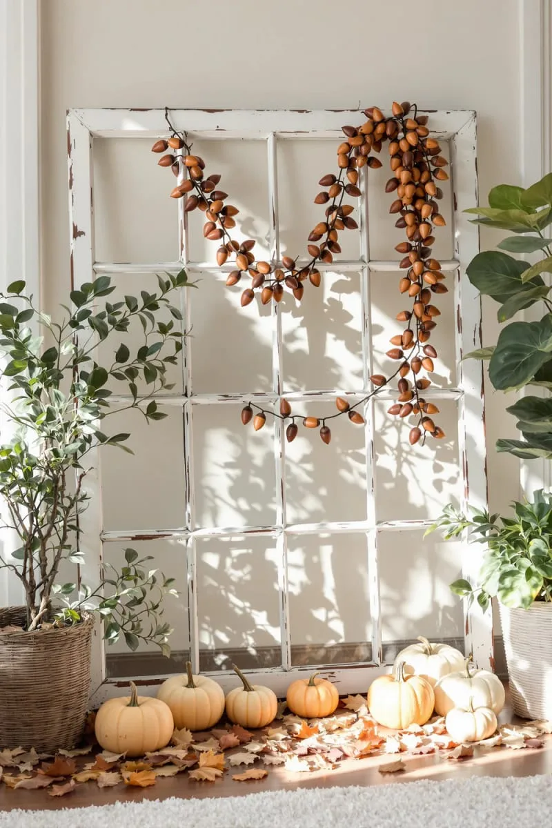 acorn garlands strung across vintage window frames 1