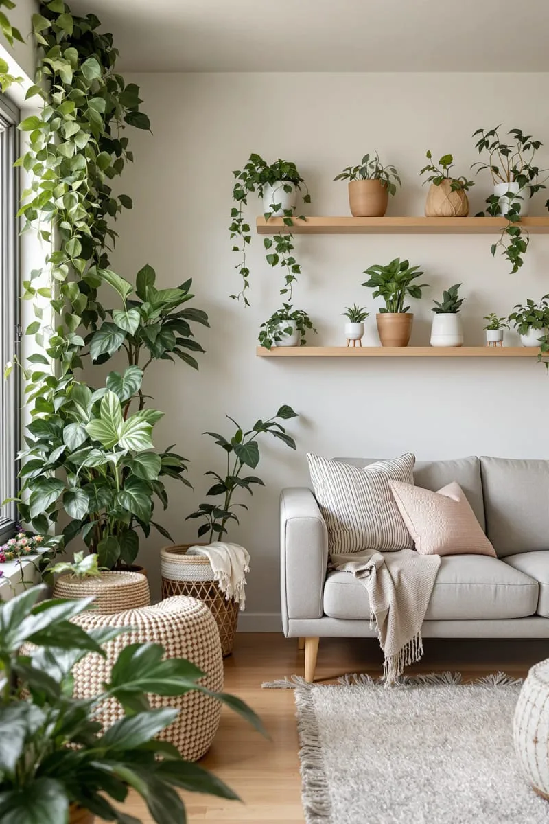 How to Decorate a Small Living Room on a Budget and In Style! 14 add cascading greenery in corners and potted plants on floating shelves 1