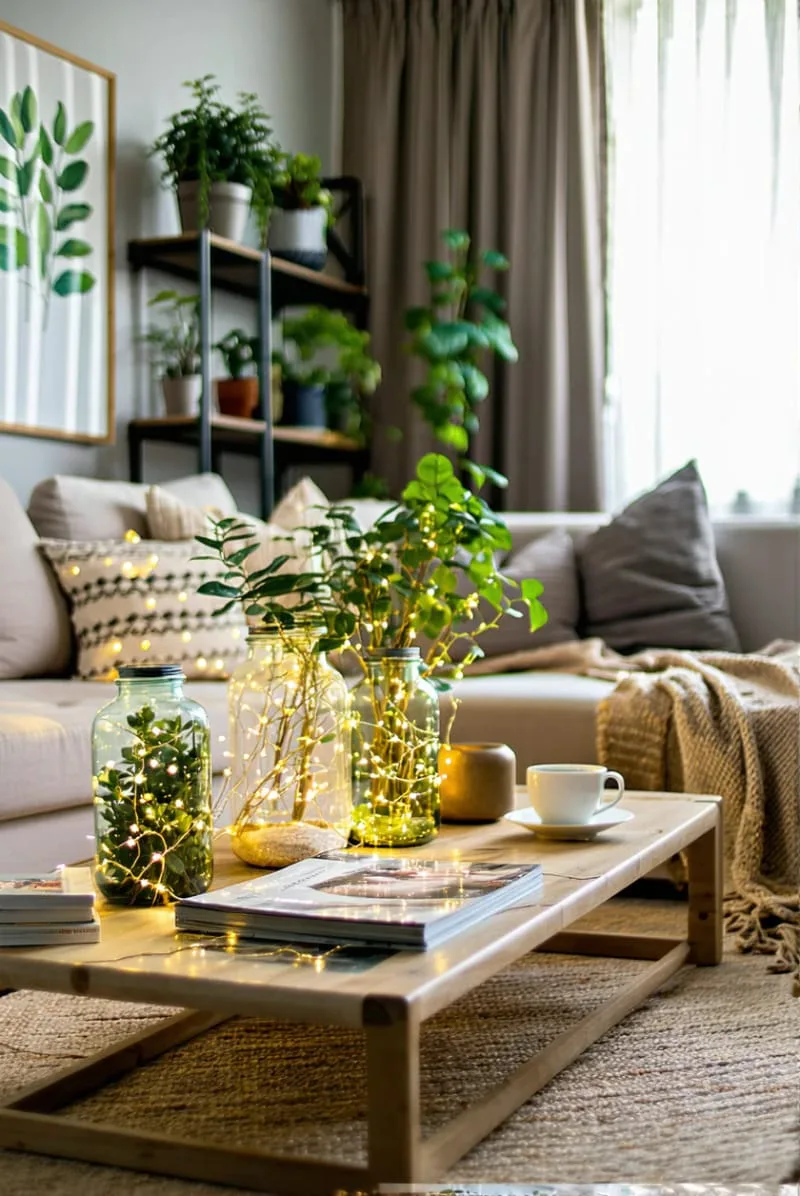 How to Decorate a Small Living Room on a Budget and In Style! 16 add fairy lights in glass jars for cozy ambiance 1