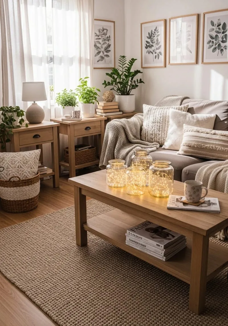 How to Decorate a Small Living Room on a Budget and In Style! 18 add fairy lights in glass jars for cozy ambiance 1