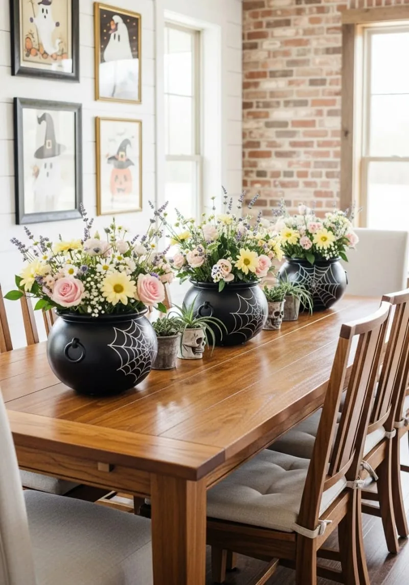 adorable black cauldron vases with spiderweb prints filled with pastel flowers 1
