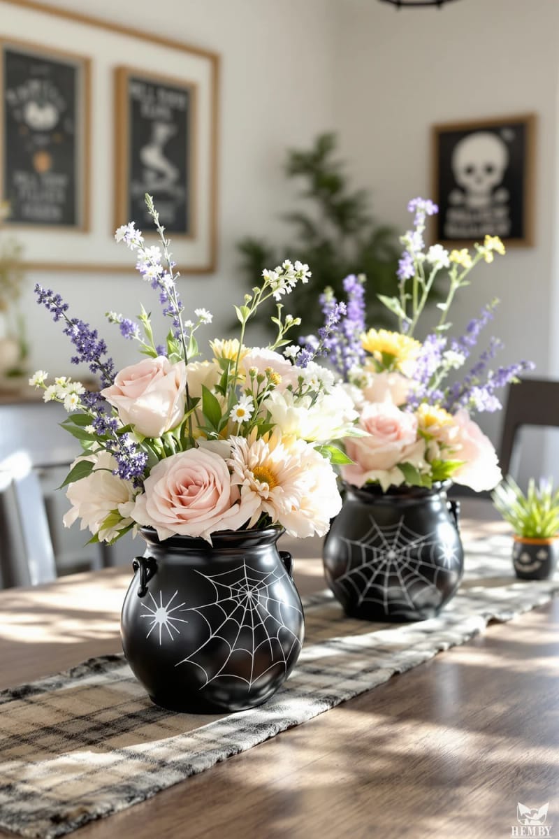 21 Super Cute Halloween Decor Ideas With A Unique Style 53 adorable black cauldron vases with spiderweb prints filled with pastel flowers 1