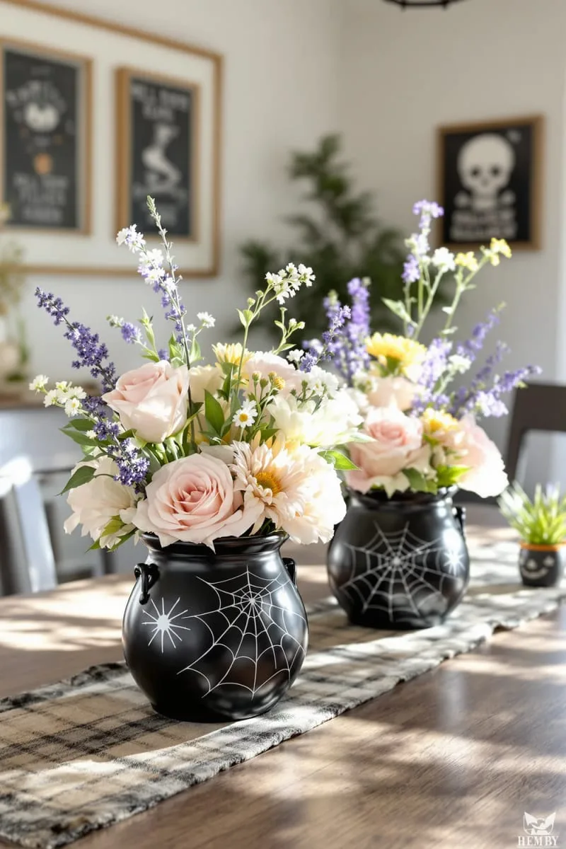 adorable black cauldron vases with spiderweb prints filled with pastel flowers 1