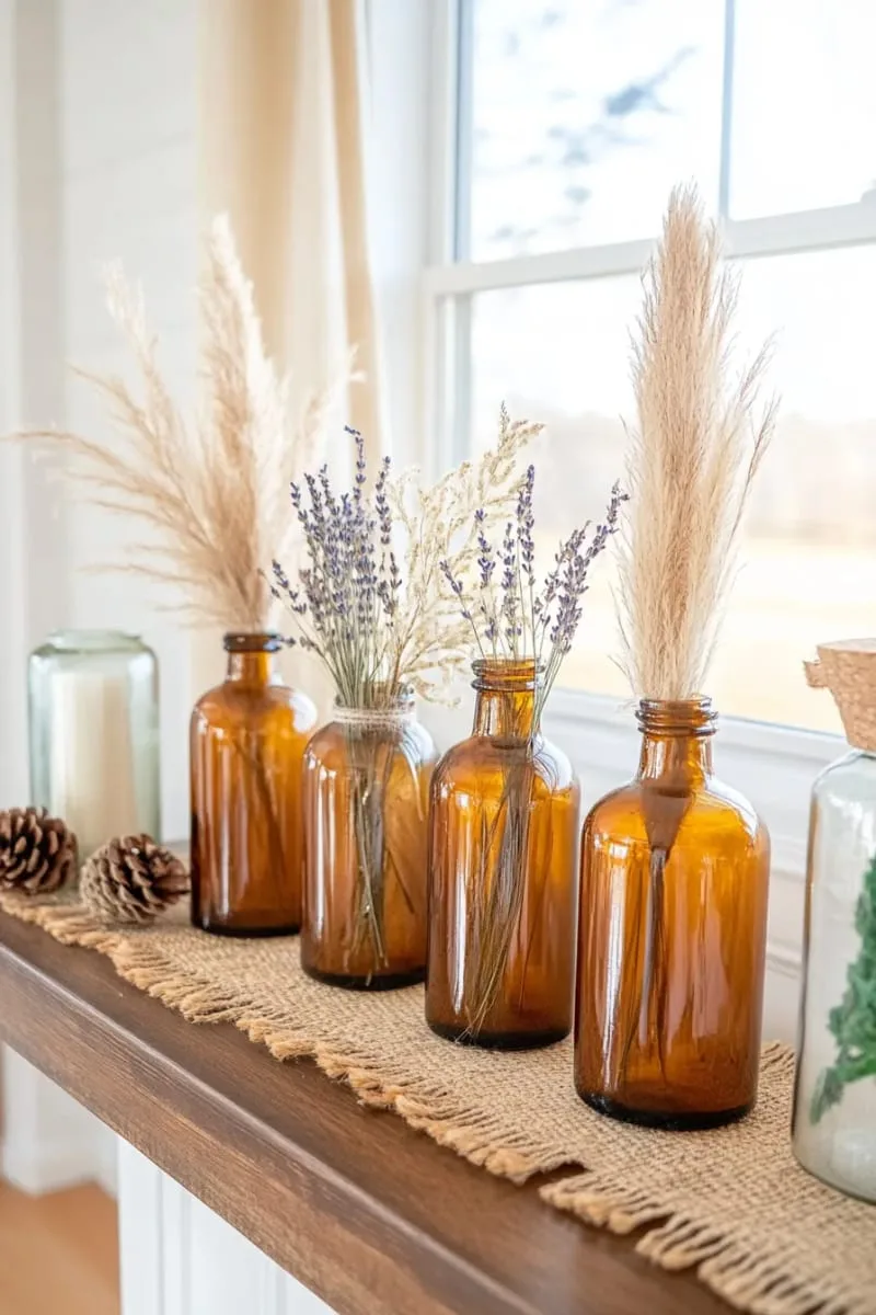 amber bottle collection with pampas and dried wildflowers 1
