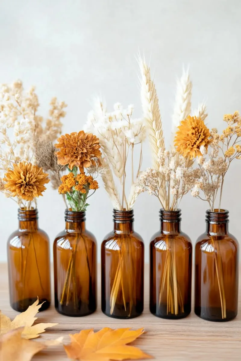 amber bottle collection with pampas and dried wildflowers 1