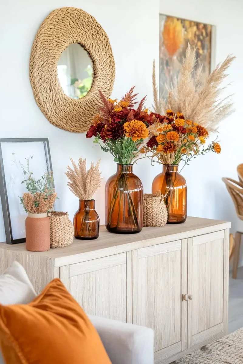 amber glass bottles holding maroon and burnt orange single stems 1