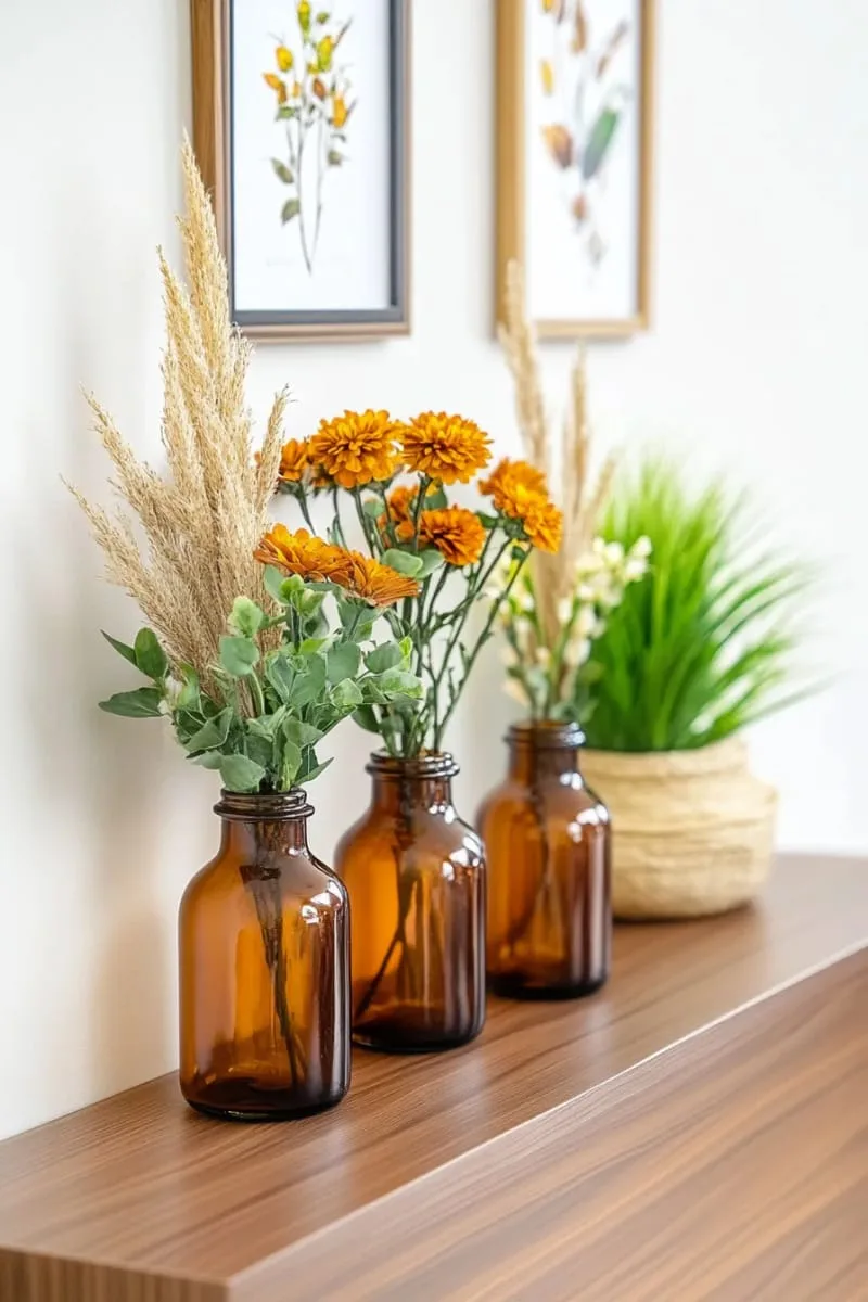 amber glass bottles holding maroon and burnt orange single stems 1