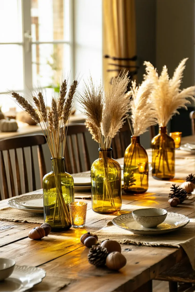 amber glass vases filled with dried wheat and pampas grass 1 amber glass vases filled with dried wheat and pampas grass 1