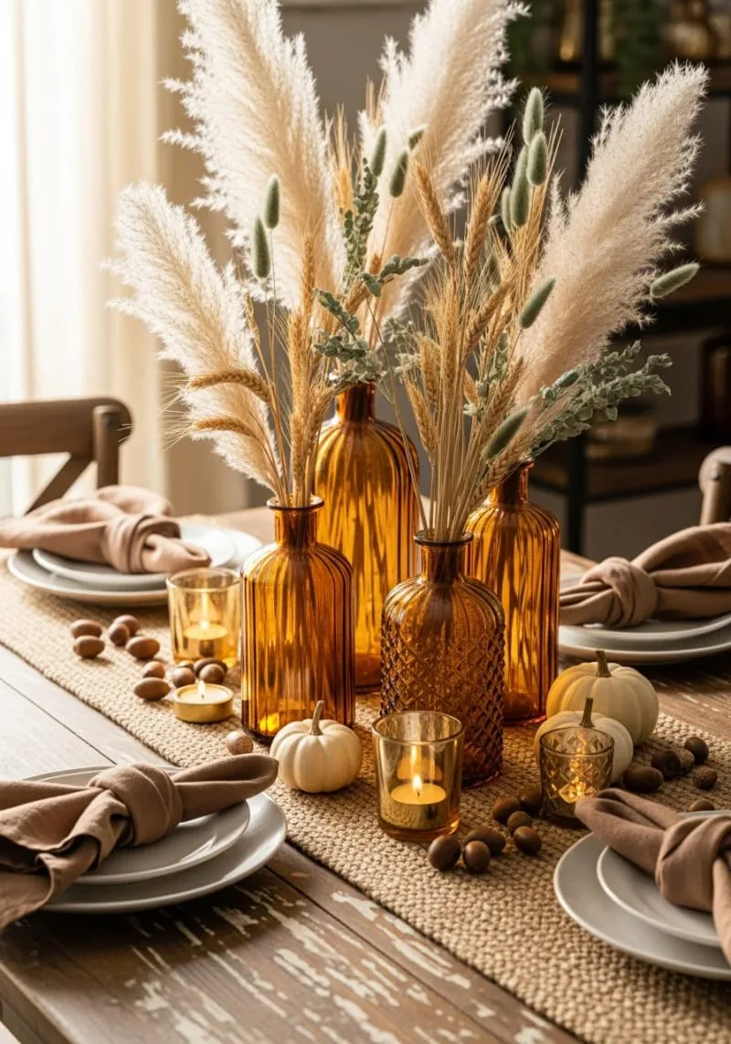amber glass vases filled with dried wheat and pampas grass 1 amber glass vases filled with dried wheat and pampas grass 1
