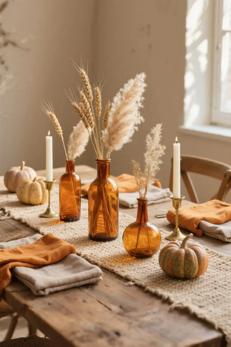 amber glass vases filled with dried wheat and pampas grass 1 amber glass vases filled with dried wheat and pampas grass 1