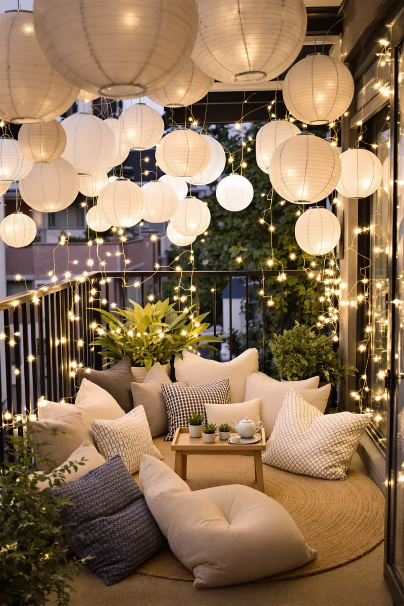 ambient lantern clusters with fairy lights and cozy floor cushions 1