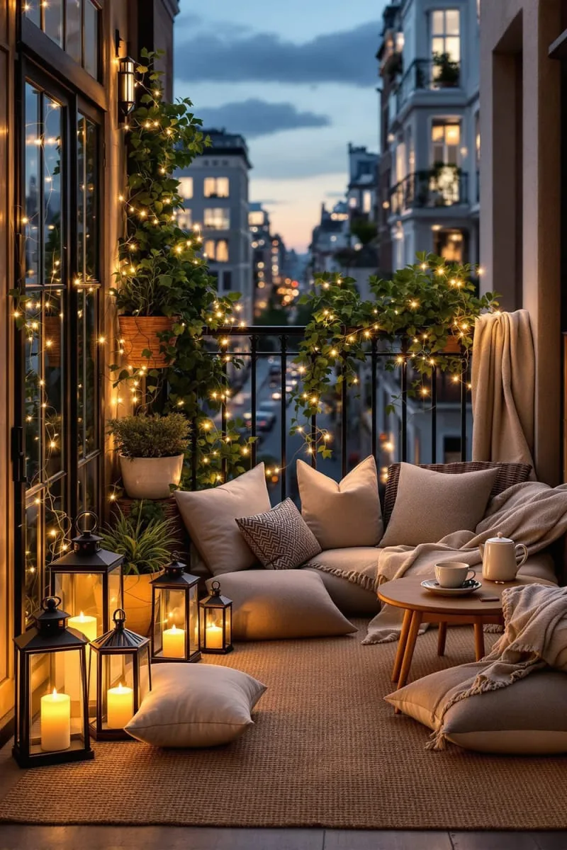 ambient lantern clusters with fairy lights and cozy floor cushions 1