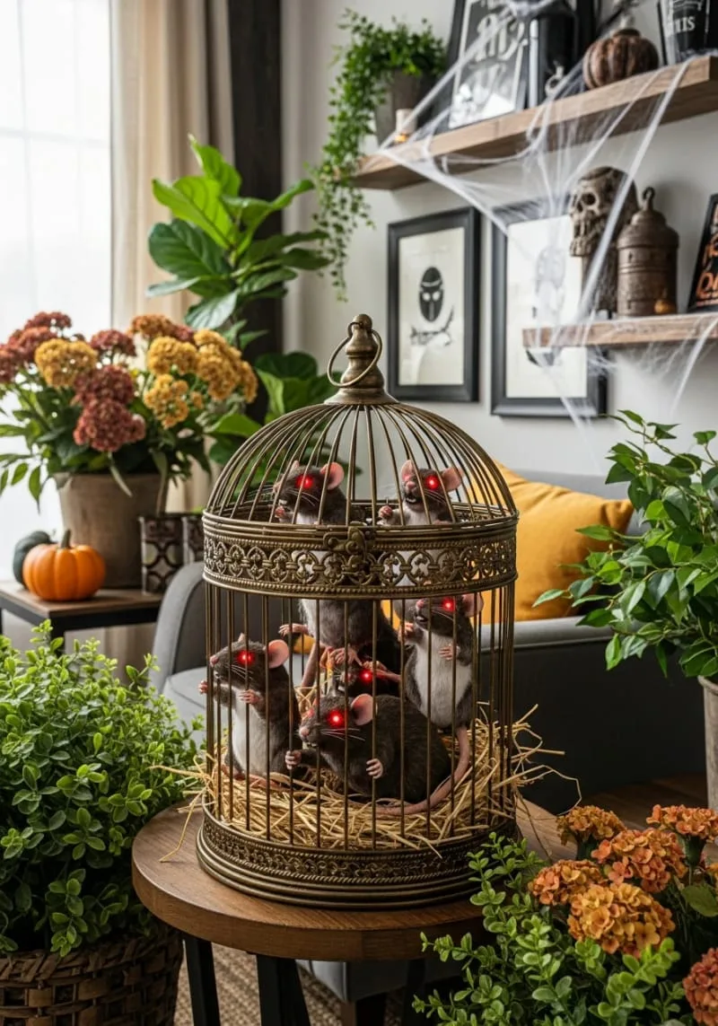 antique birdcage holding flickering red-eyed rats 1