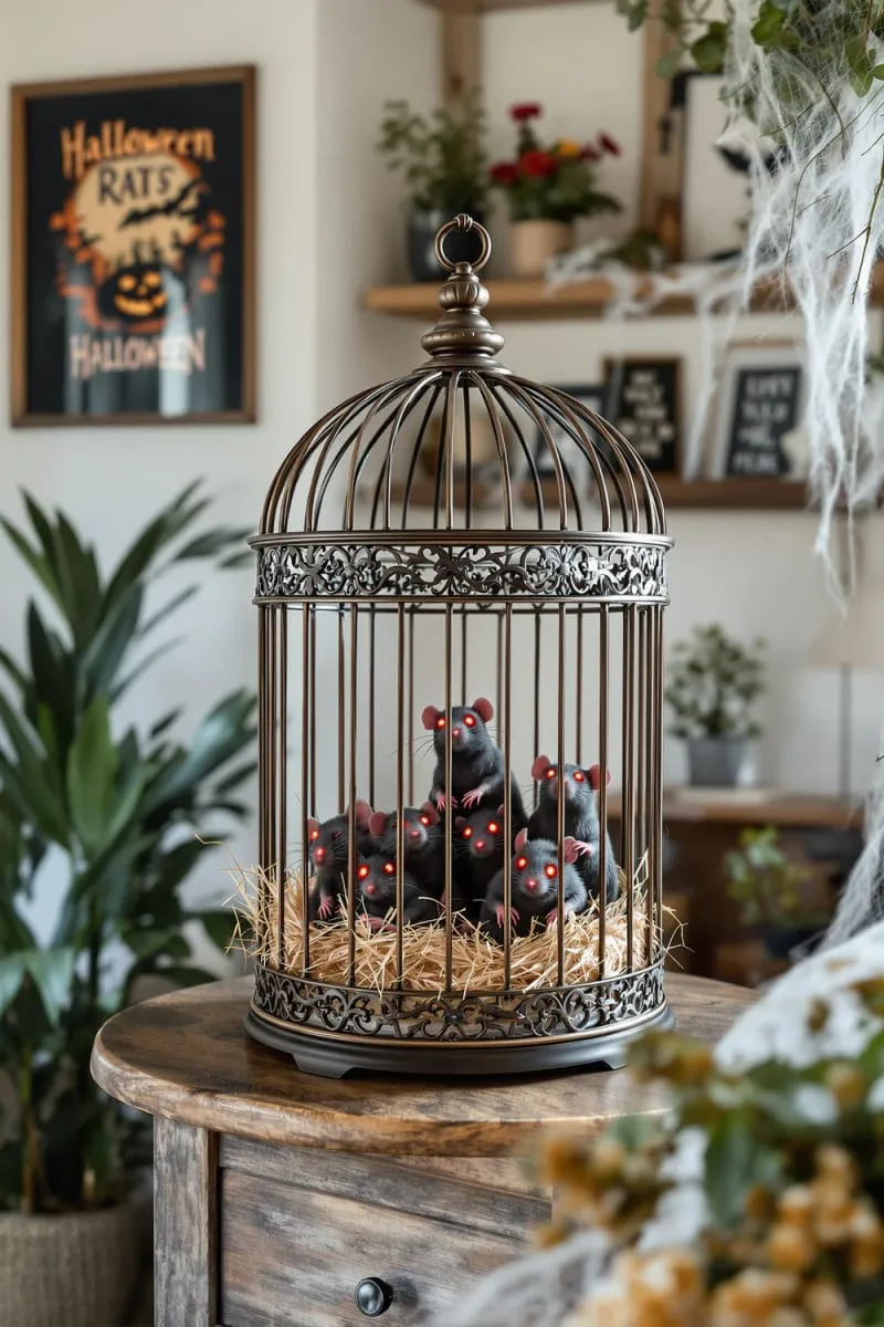 antique birdcage holding flickering red-eyed rats 1