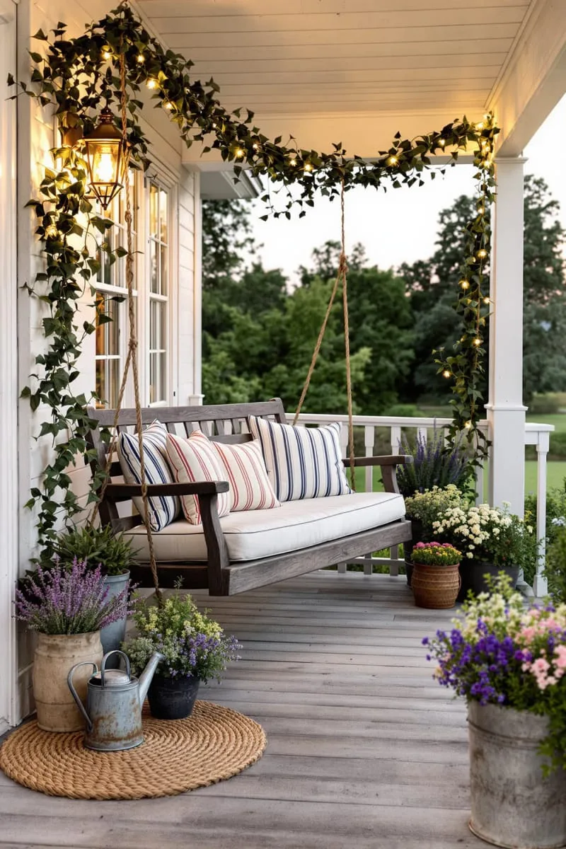 antique carriage lights illuminating a farmhouse porch swing 1