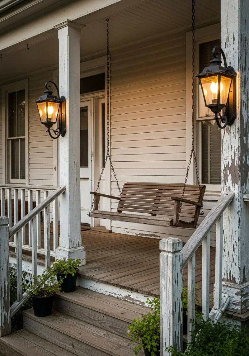 antique carriage lights illuminating a farmhouse porch swing 1
