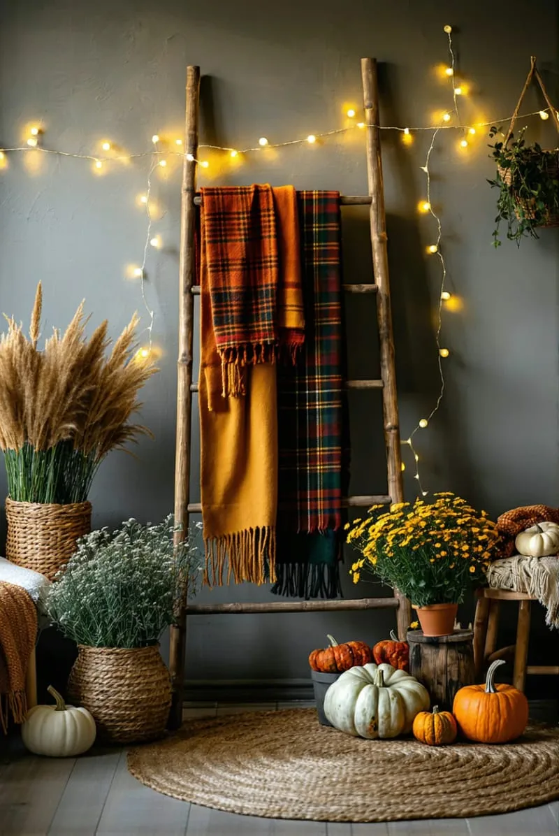 antique ladder draped with plaid throws and mini lights 1