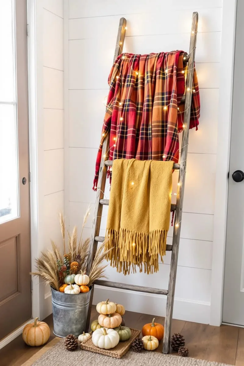 antique ladder draped with plaid throws and mini lights 1