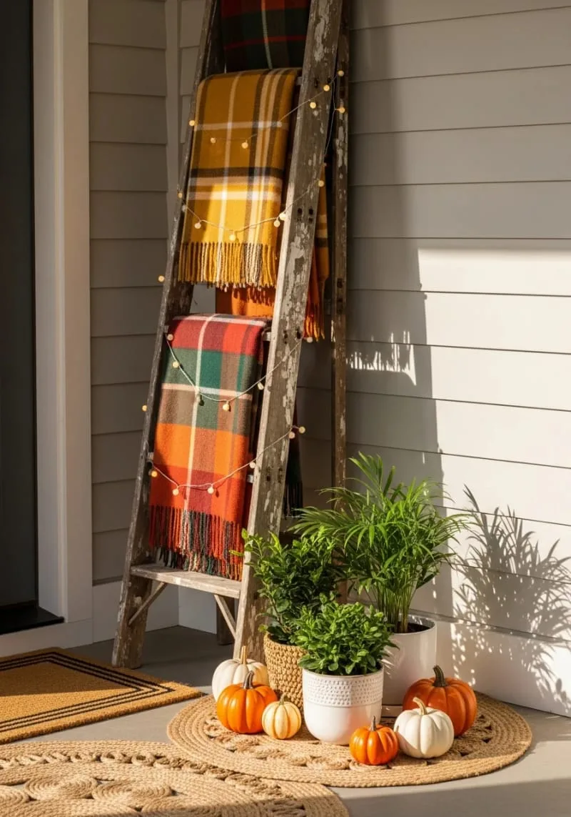 antique ladder draped with plaid throws and mini lights 1