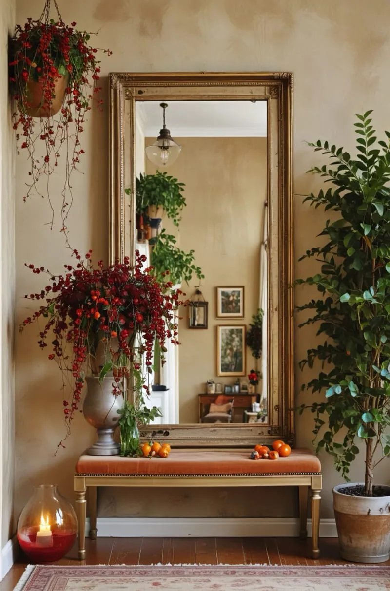 antique mirror decorated with cascading faux berry vines 1