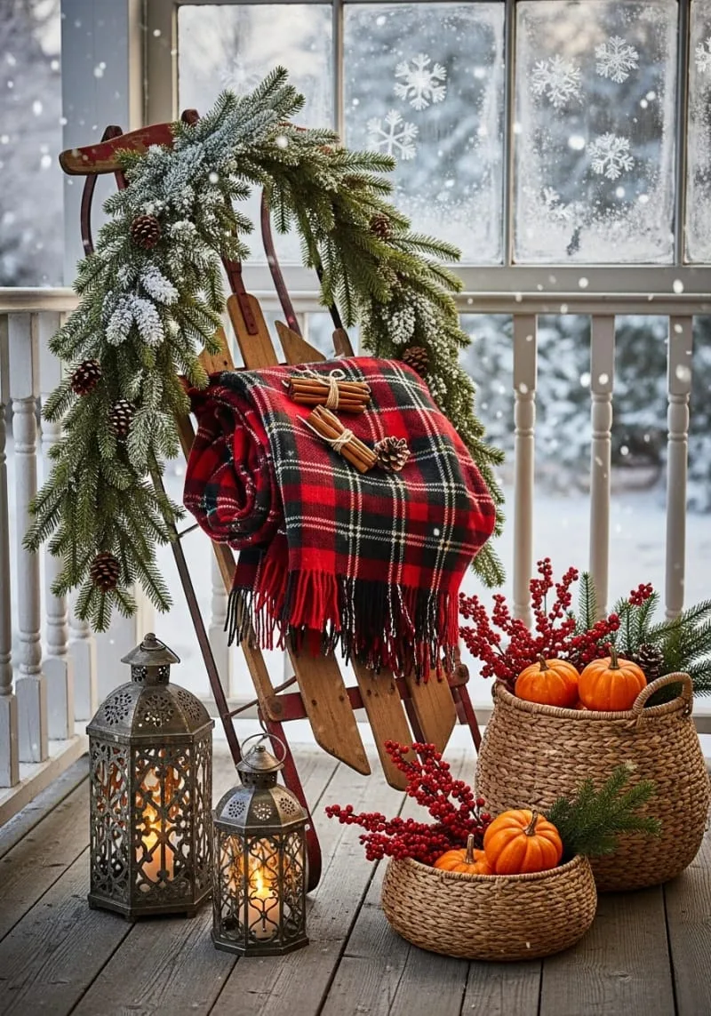 antique sled vignette with fir branches and lanterns 1 antique sled vignette with fir branches and lanterns 1