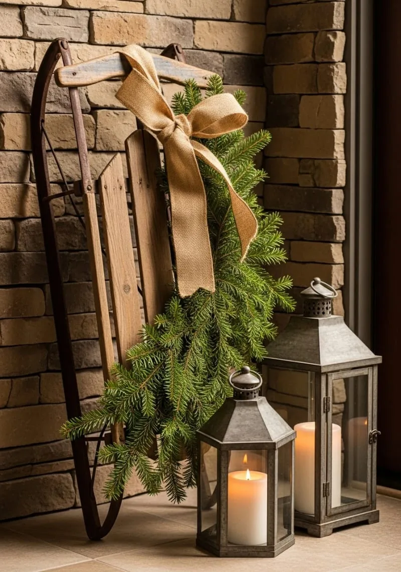 antique sled vignette with fir branches and lanterns 1 antique sled vignette with fir branches and lanterns 1