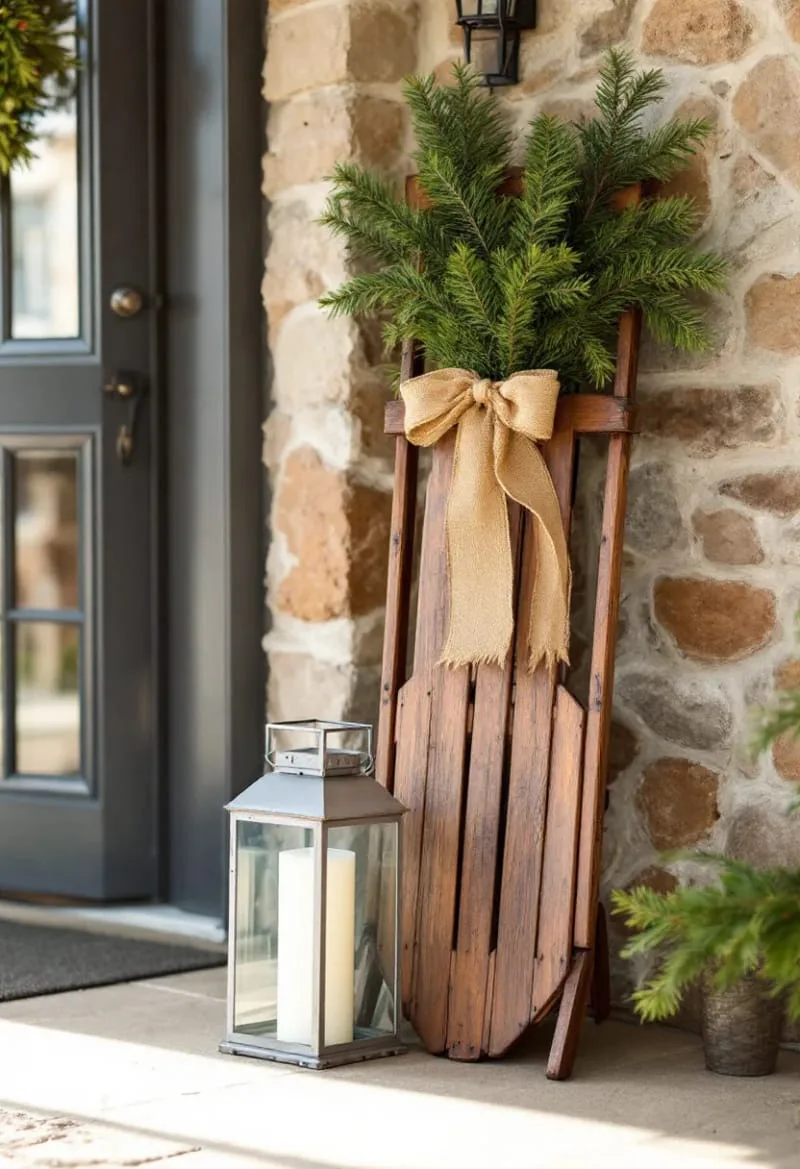 antique sled vignette with fir branches and lanterns 1 antique sled vignette with fir branches and lanterns 1