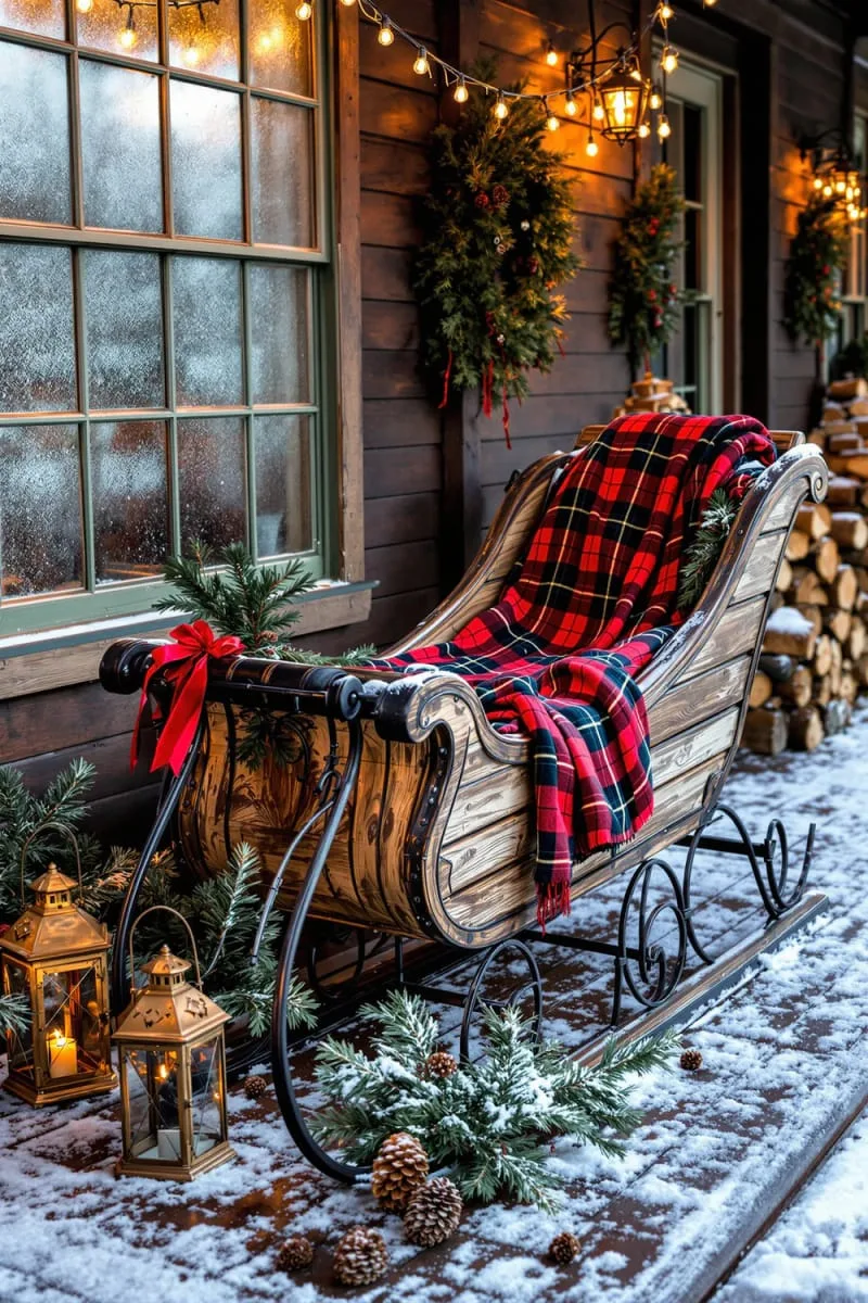 antique sleigh with plaid blankets and pine branches on the porch 1
