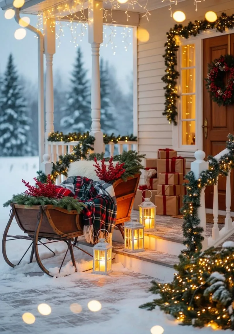 antique sleigh with plaid blankets and pine branches on the porch 1