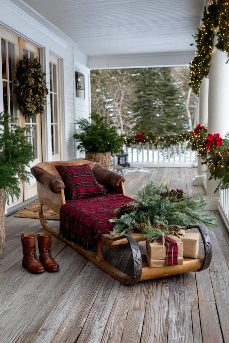 antique sleigh with plaid blankets and pine branches on the porch 1