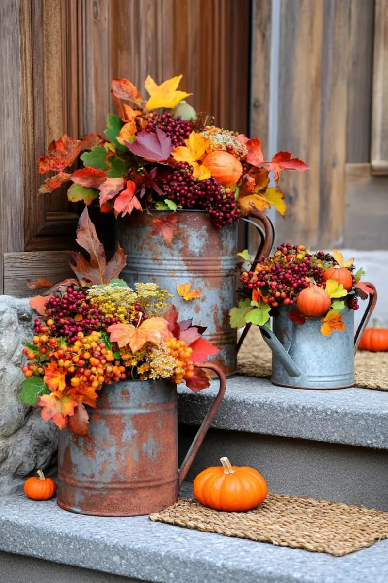 antique watering cans overflowing with fiery fall foliage 1 antique watering cans overflowing with fiery fall foliage 1