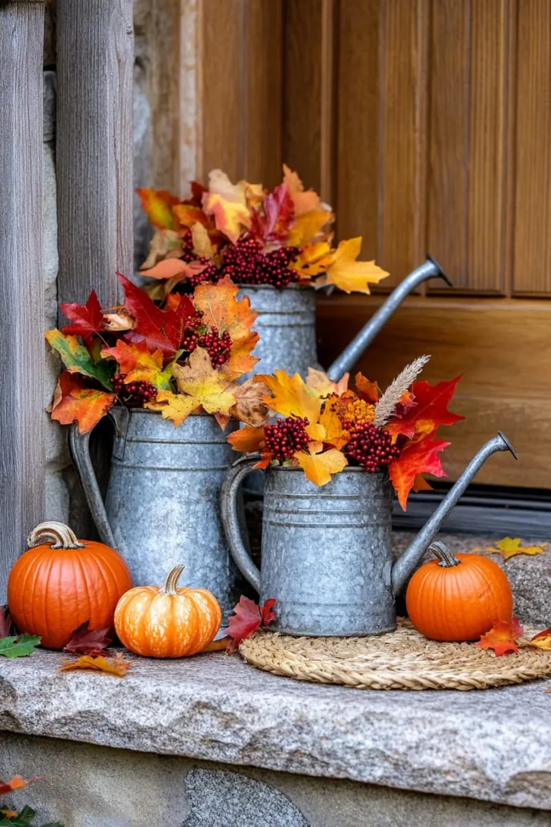 antique watering cans overflowing with fiery fall foliage 1 antique watering cans overflowing with fiery fall foliage 1