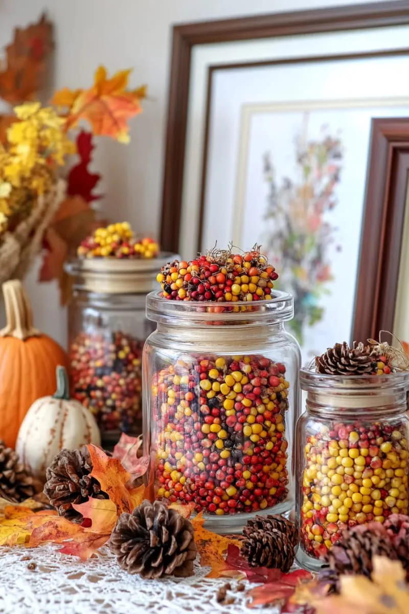 apothecary jars filled with colorful corn and tiny gourds 1