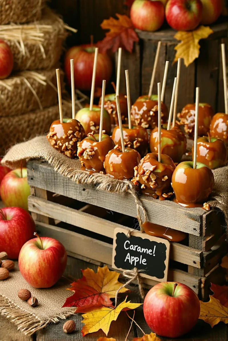 apple crate dessert display with caramel apple treats 1