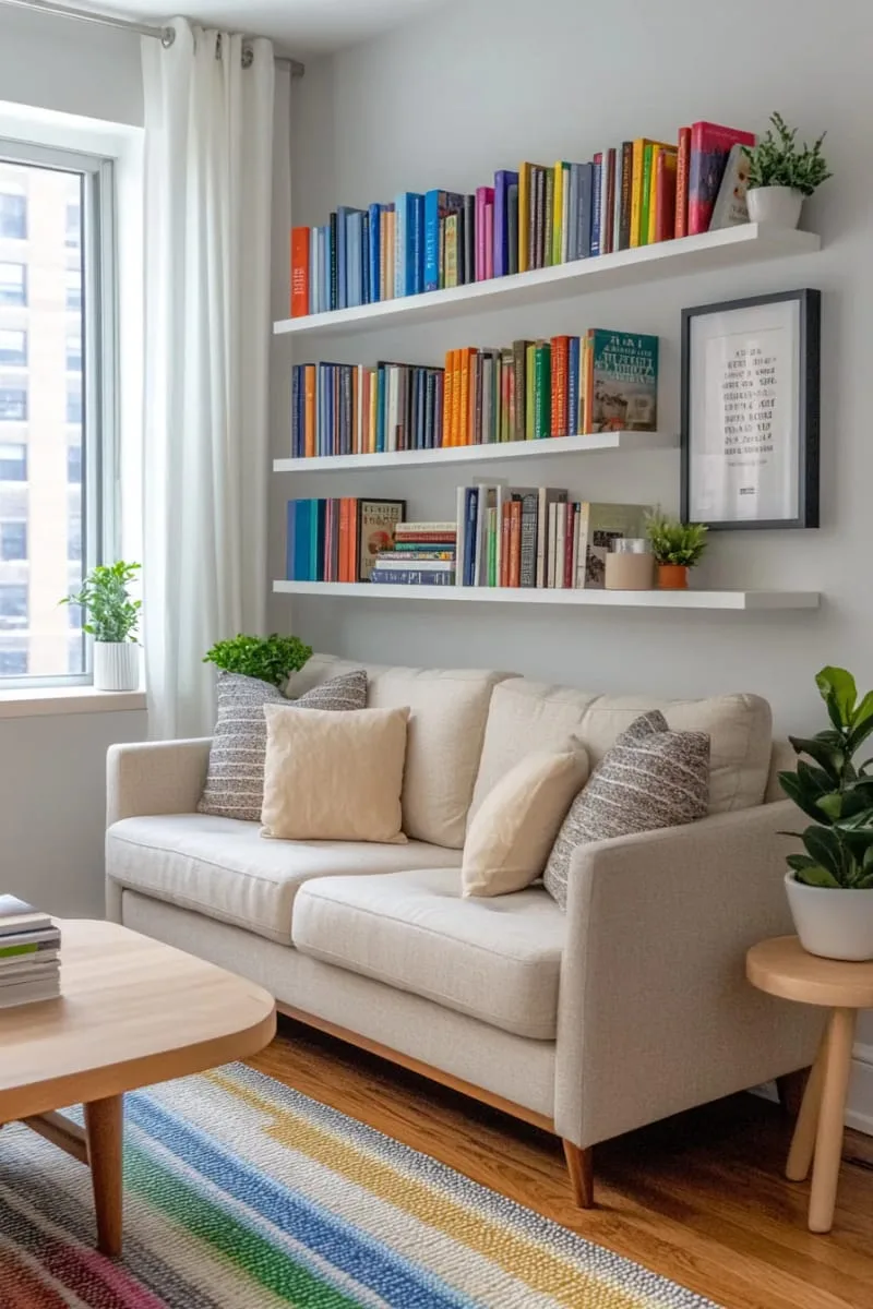 How to Decorate a Small Living Room on a Budget and In Style! 9 arrange colorful books by hue on floating shelves 1