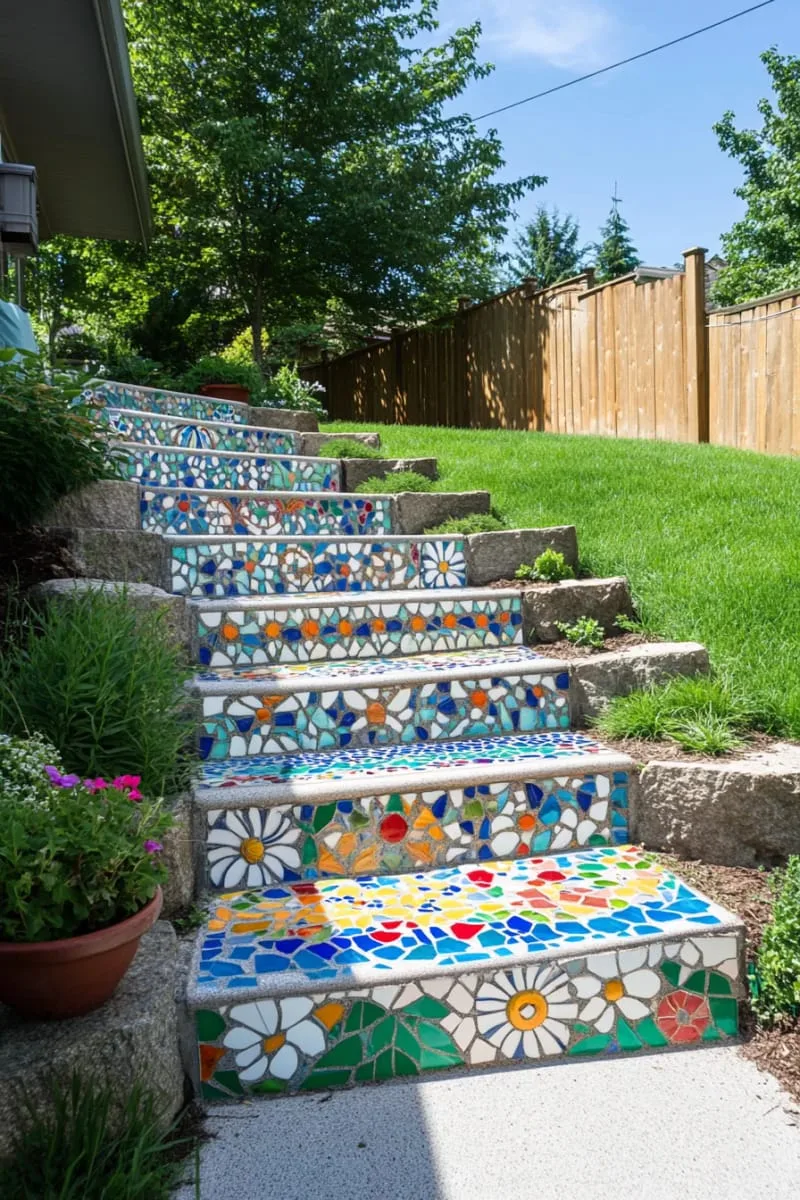 artistic mosaic tile staircase as a colorful backyard focal point 1