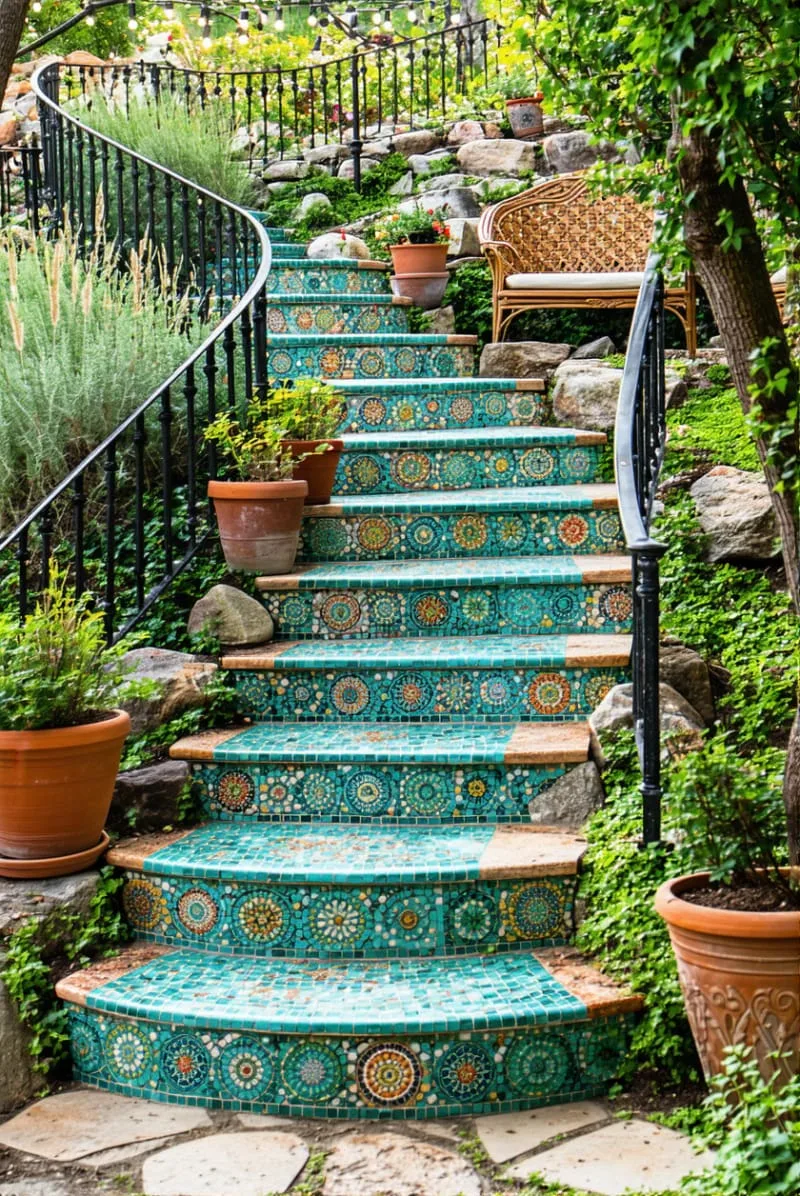 artistic mosaic tile staircase as a colorful backyard focal point 1