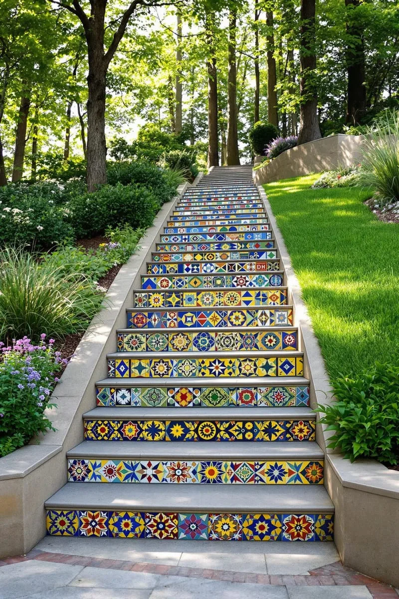 artistic mosaic tile staircase as a colorful backyard focal point 1