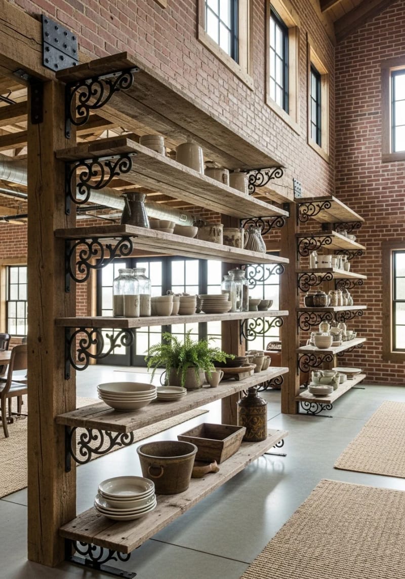 artistic open shelving with reclaimed barn wood and iron brackets 1