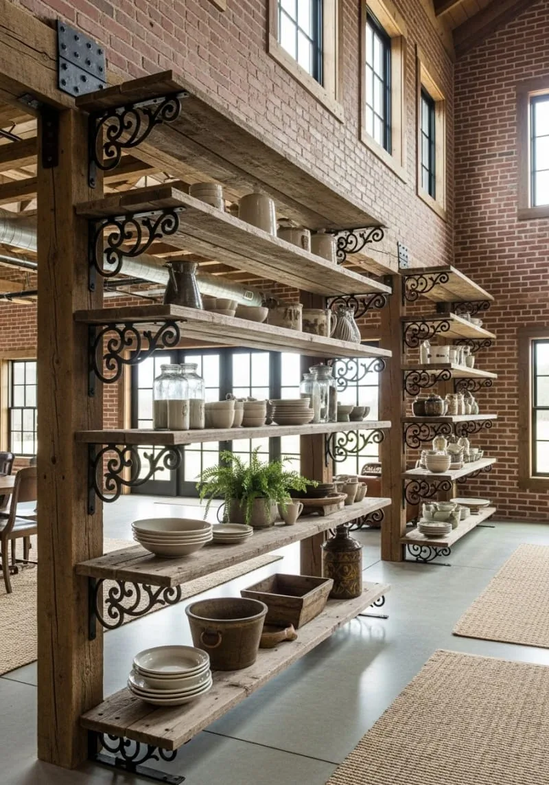 29 Unique Barndominium Interiors For Your Next Makeover 18 artistic open shelving with reclaimed barn wood and iron brackets 1