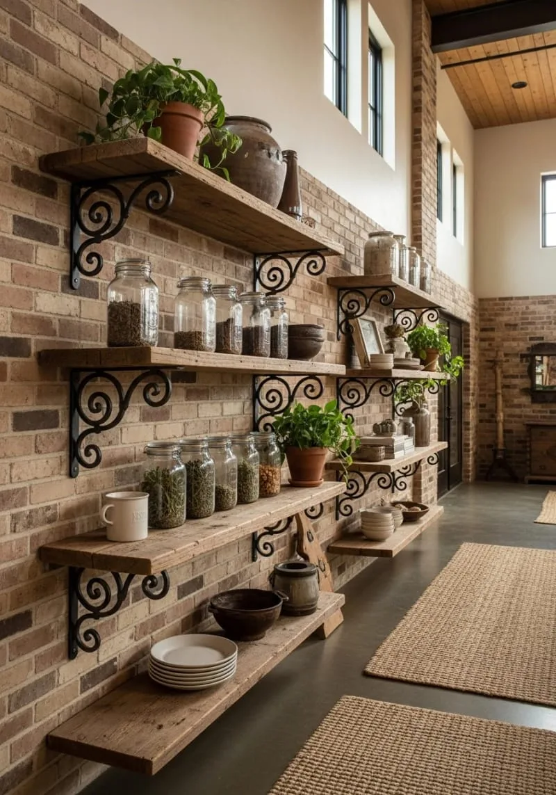 29 Unique Barndominium Interiors For Your Next Makeover 19 artistic open shelving with reclaimed barn wood and iron brackets 1